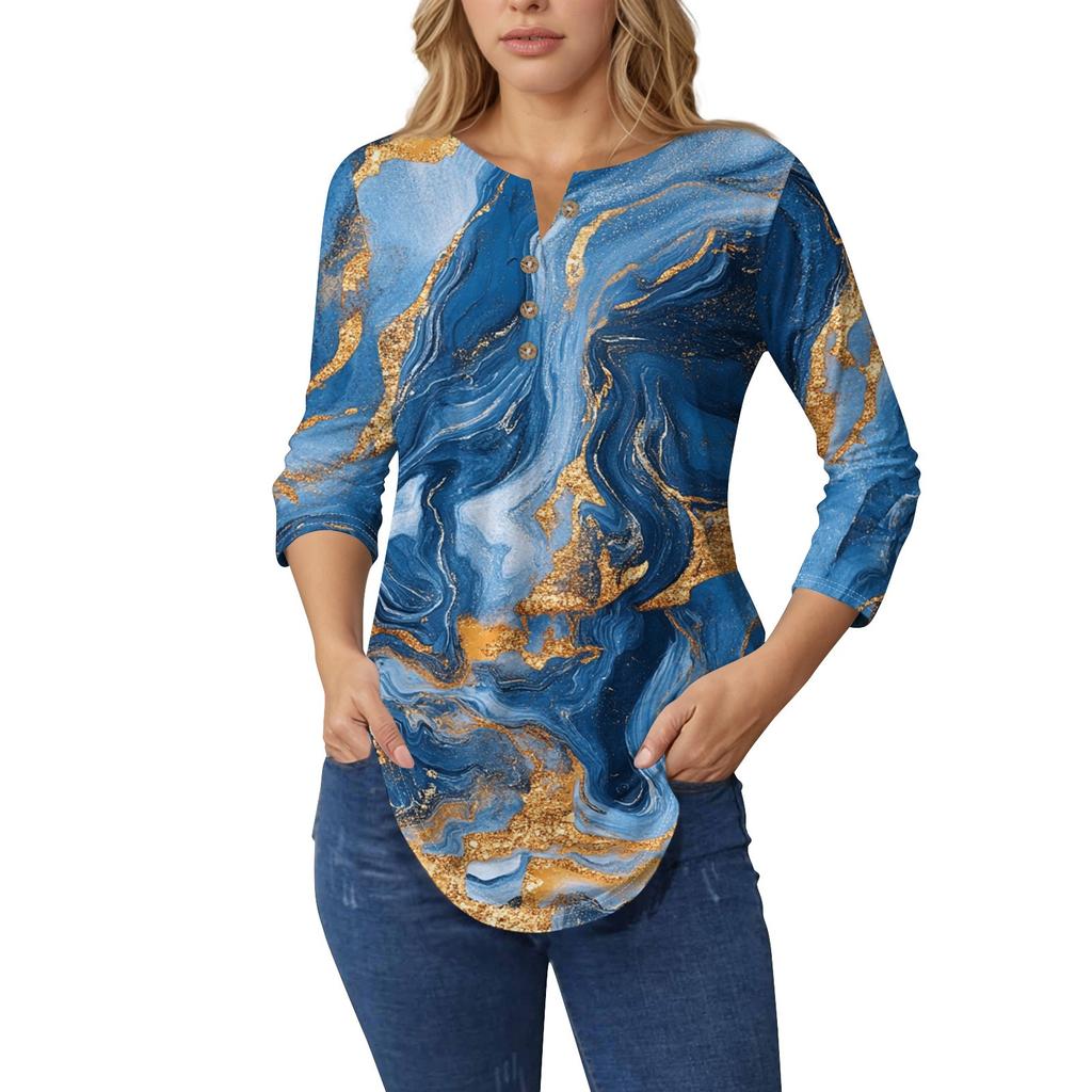 3/4 Length Sleeve Womens Tops Summer T-Shirts Floral Print V Neck Casual Basic Tee Button Shirts Tunic Tops