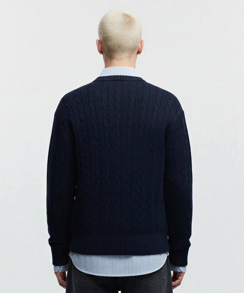 LENGAGEMENT Classic Cotton Round Neck Cable Knit [Navy]
