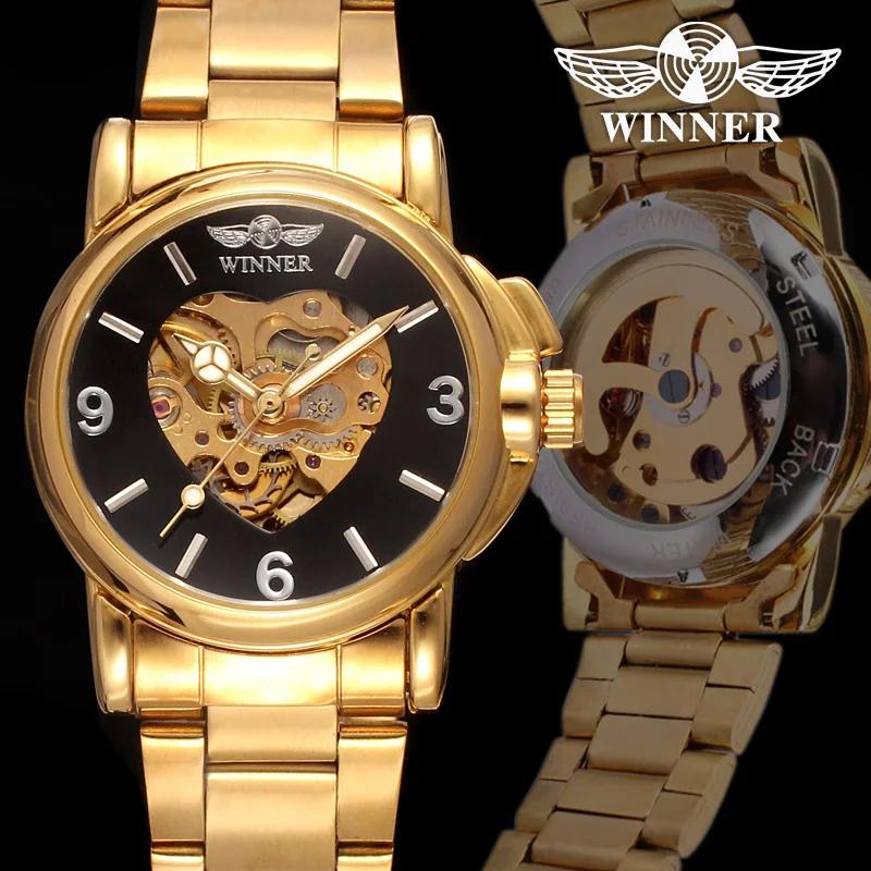 WINNER New Women Luxury Top Brand Automatic Mechanical Watch Golden Skeleton Love Stainless Steel Fashion Ladies Wrist Watch
