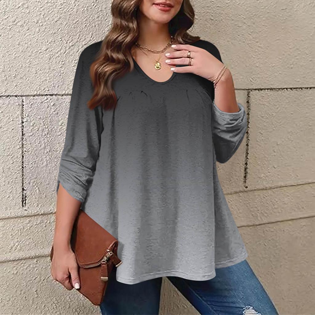 Women's Plus Size Fashion Printed Casual Pleated Round Neck Long Sleeve Top