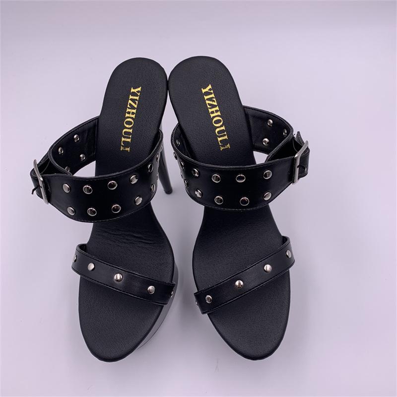 Женская обувь, сандалии на высоком каблуке с заклепками, модные пикантные танцевальные туфли на тонком каблуке, каблук 15 см, платформа 5 см YKC