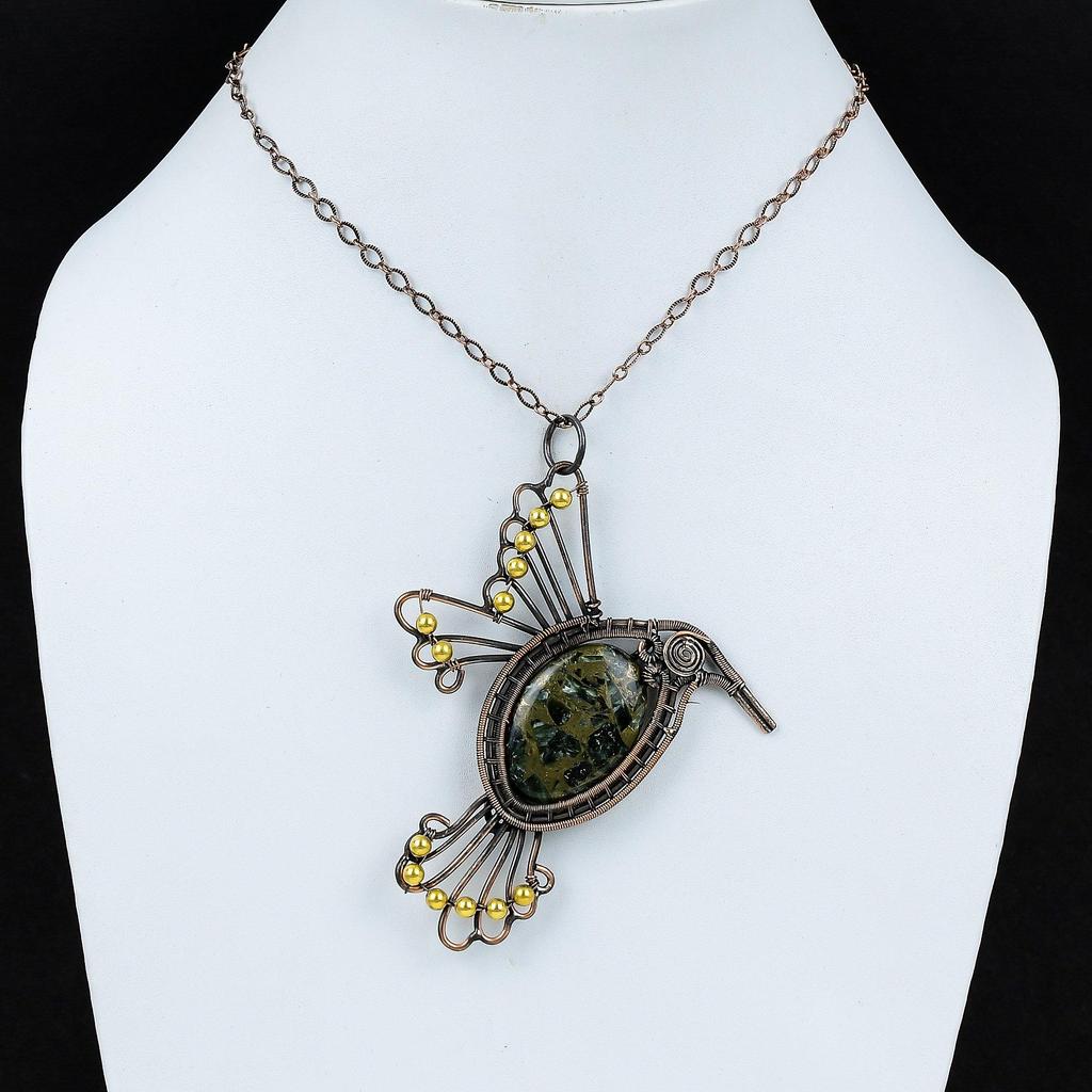 Copper Seraphinite Pendant Copper Wire Wrapped Pendant Dainty Gemstone Jewelry Handmade Bird Pendant Gift For Her Seraphinite Copper Jewelry