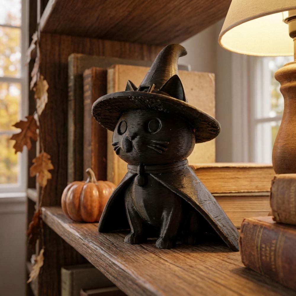 Creative Hat Cat Ornament Gothic Style Black Kitten Statue Witch Hat Ornament Tabletop Display