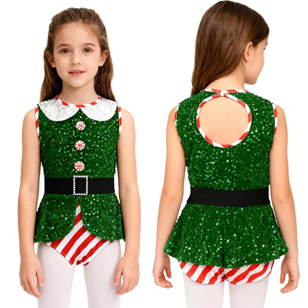 Kids Girls Christmas Santa Elf Costumes Candy Cane Striped Sequins Dance Leotard Xmas Skating Bodysuit