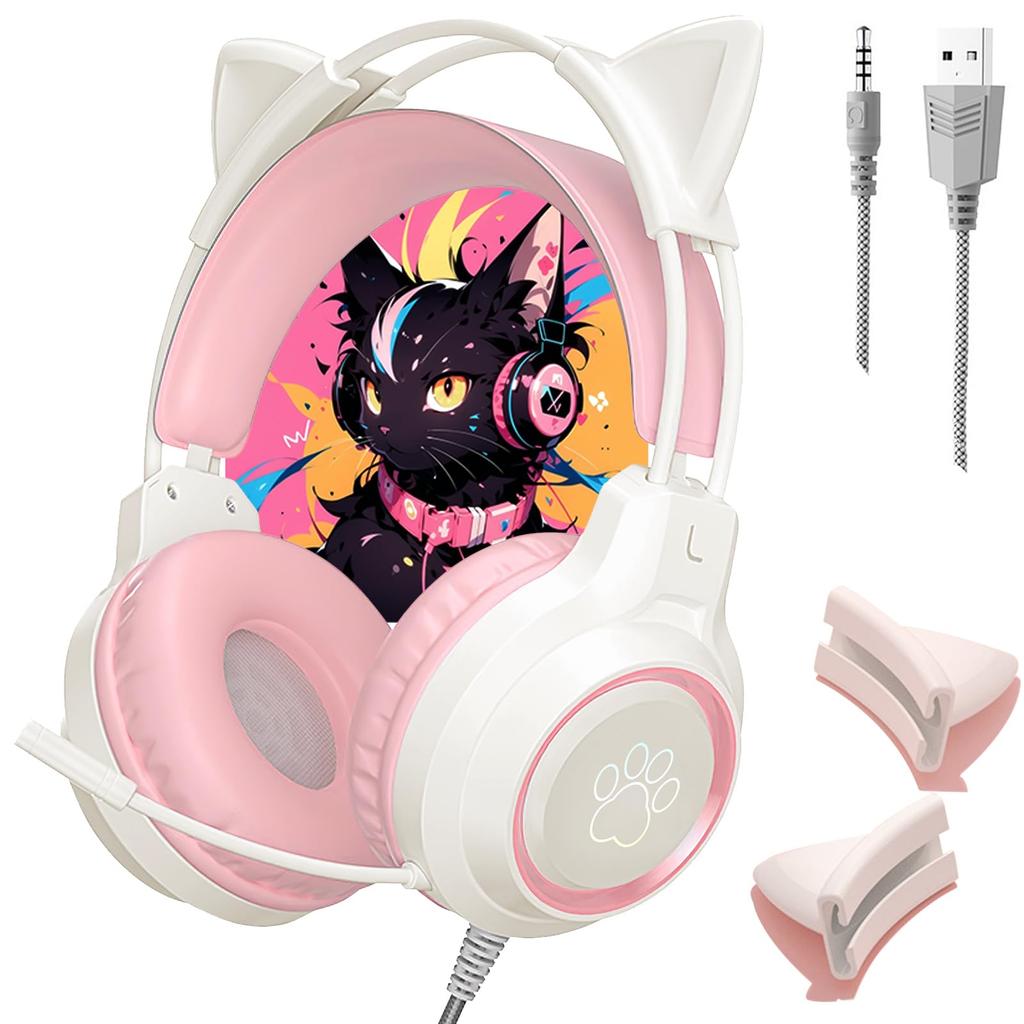 Cat Ear Headphones, Wired Gaming Headset for Girls, Over-Ear Headset with Cute Cat Ears, LED Lights, Color-Changing LED Lights, 3.5mm Interface, 2m