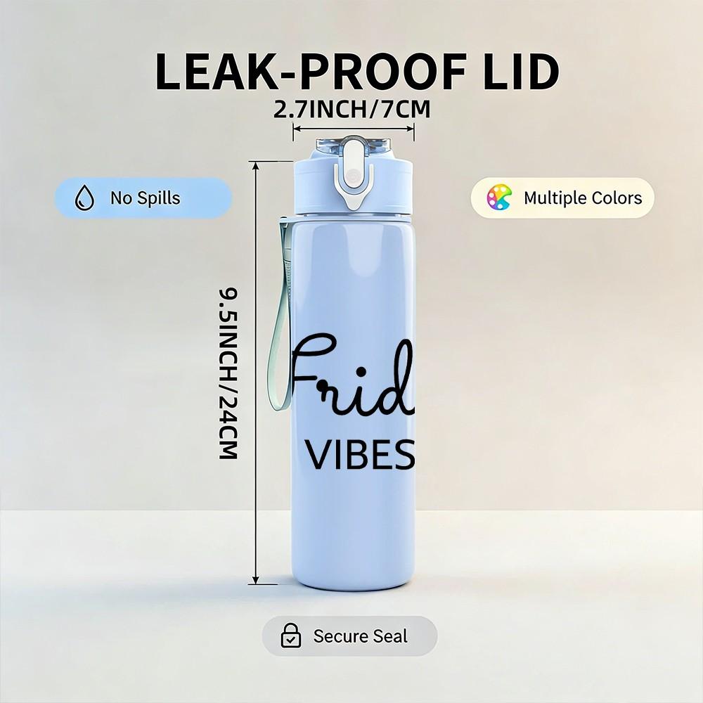 1PC Friday Vibes Cursive Letter 750ml Color Plastic Sports Water Bottle Leakproof Flip Straw Lid Suitable for Sports Office Home Use