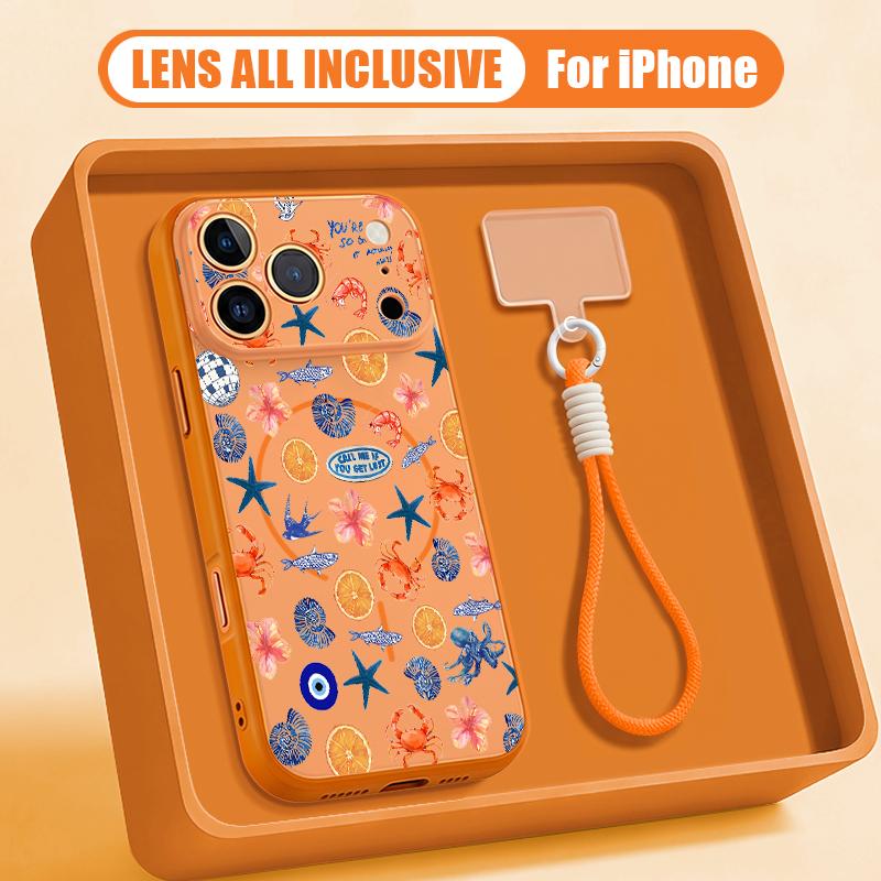 Чехол-накладка с принтом акул и морских рыб с ремешком на руку для iPhone 17 Pro Max iPhone 16 15 14 13 Pro Max Магнитный для Magsafe Гибридный ТПУ+ПК Матовый чехол