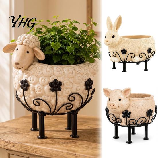 Small Herb Pot for Entryway Farmhouse Sheep Planter Pot, Cute Lamb Flower with Metal Stand, Whimsical Animal Rustic Garden Decor Plant Container Porch