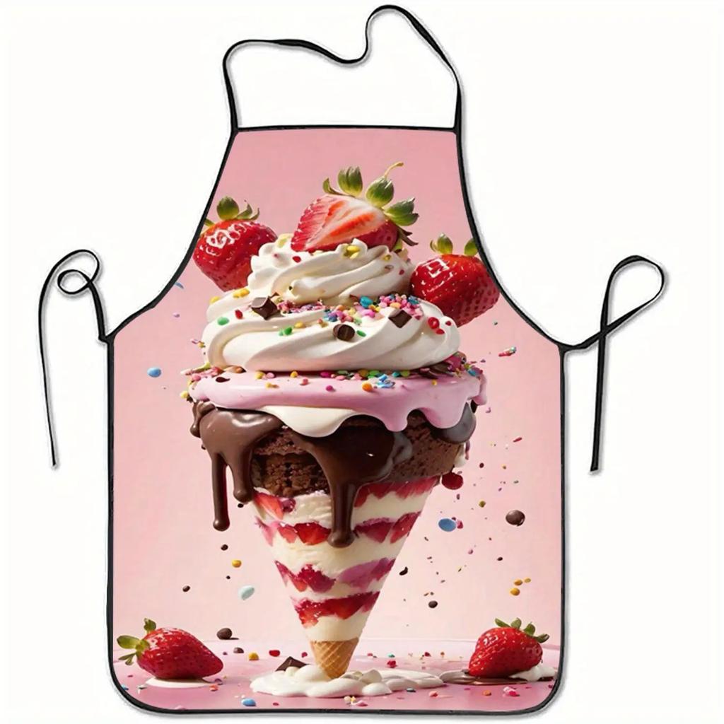 1 Ice Cream Cake Apron - Macaron Pink Kitchen Apron with Strawberry and Chocolate Ice Cream Design, Reusable Fabric, Suitable for Baking and Christmas