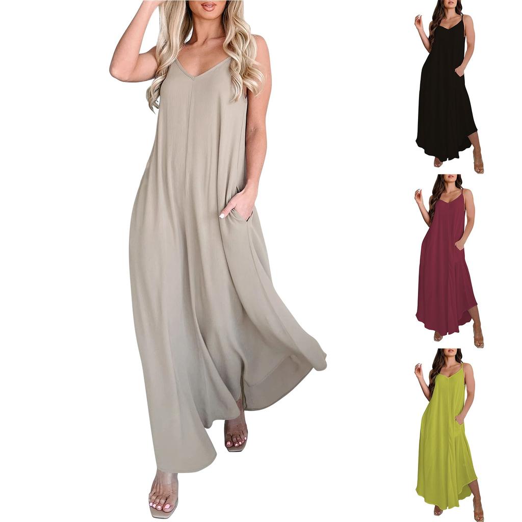 Women's Fashion Loose With Pockets Sleeveless Spaghetti Straps Solid Color Long Dresses