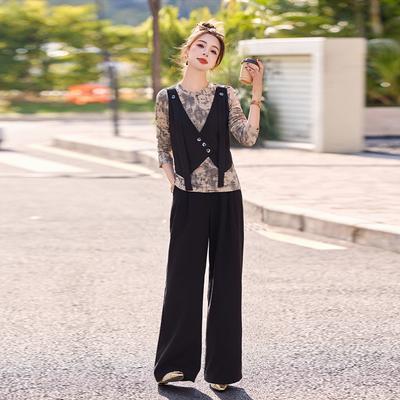 Модный повседневный брючный костюм с широкими штанинами женский весенне-осенний новый контрастный топ-двойка из двух частей с эффектом двухслойности