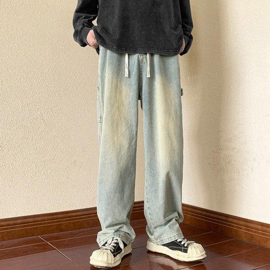 Мужские летние джинсовые брюки со средней посадкой и эластичной резинкой на талии, джинсы-карго с несколькими карманами, прямые широкие брюки High Street