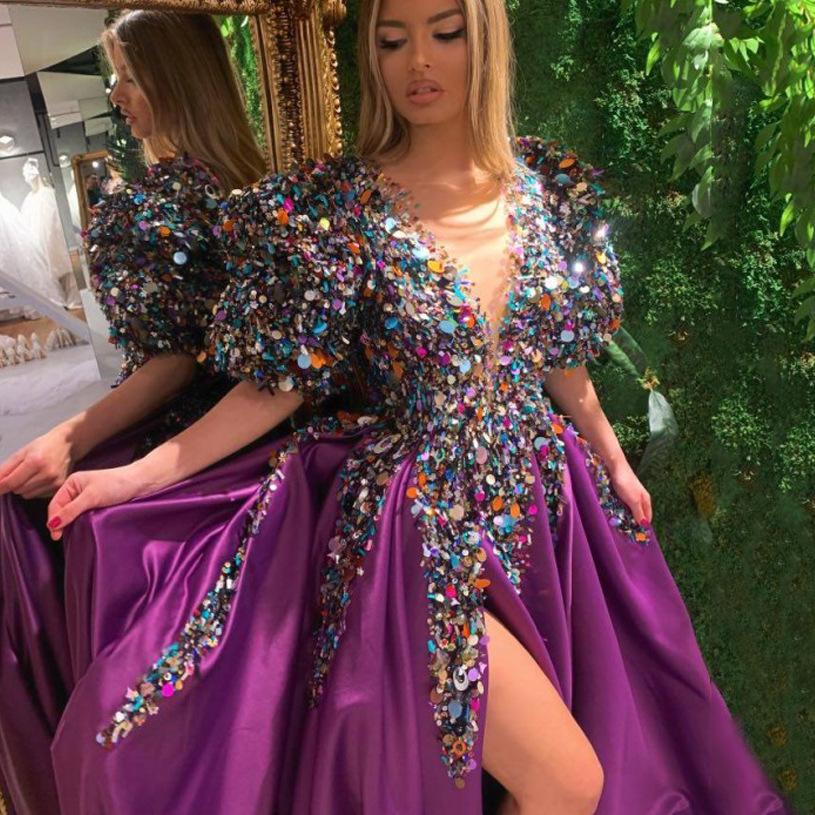 Новая модель года, европейское и американское женское платье, вечернее платье для банкета с пайетками, широким подолом и V-образным вырезом