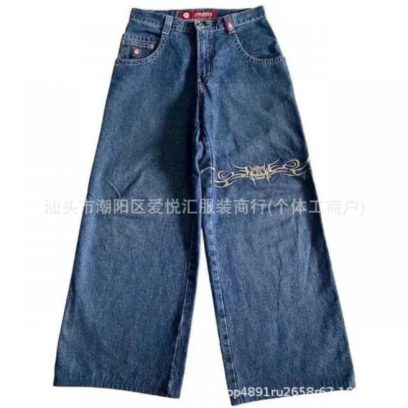 Mens Relaxed Fit Washed Denim Jeans With Embroidered Hip Hop Graphic Casual Wear