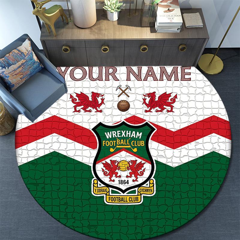 Custom Name Wrexham Football Club Round Area Rug,Carpet Rug for Living Room Bedroom Sofa Playroom Decor,Non-slip Floor Mat