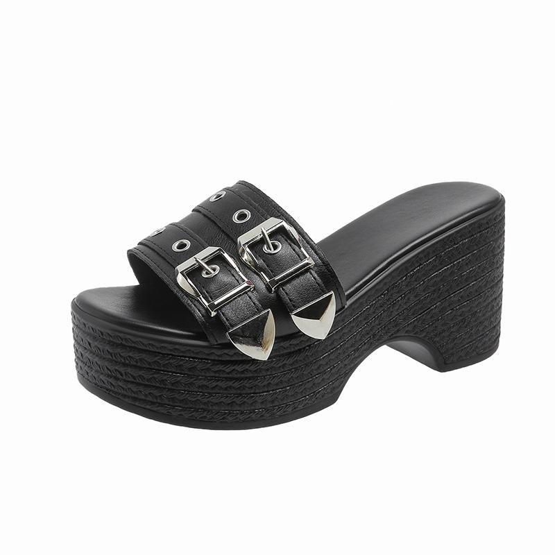 Fashion Sexy 9CM Thick Bottom Bow-shaped Women's Slippers Summer Platform Black Buckle Wedge Sandals Ladies Thick Casual Mules Sandalias