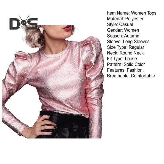 Spring Autumn Women Tops Round Neck Long Sleeve Pullover Tops Punk Style Solid Pink/Golden/Silver Color Loose Casual T-shirt Ladies Fashion Casual