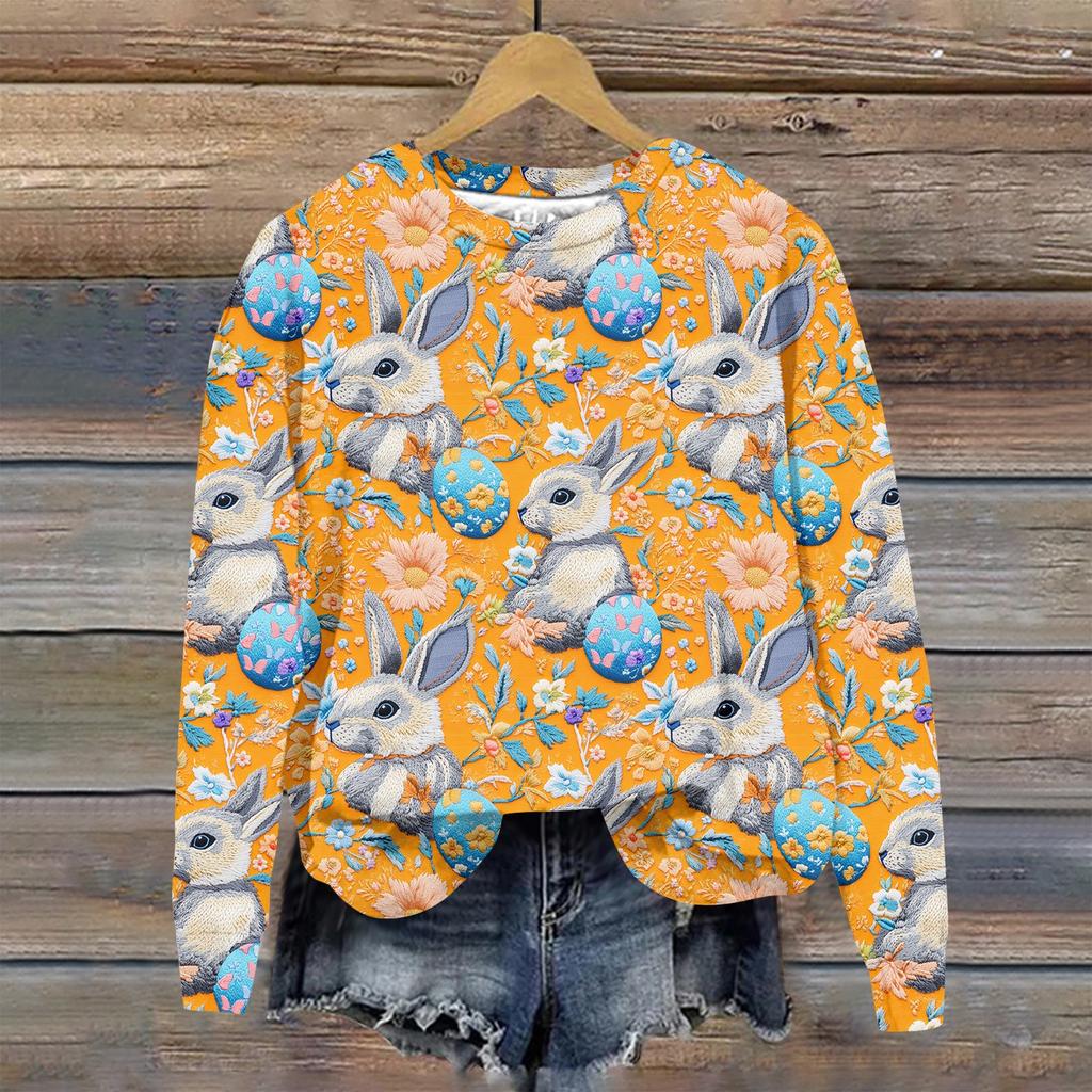 Женская мода Пасха Печатный Длинный рукав Свободный круглый вырез Толстовка Топ