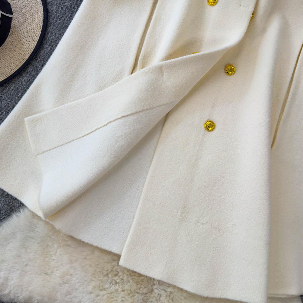 Осень-зима Женское роскошное шерстяное двубортное пальто-накидка с поясом