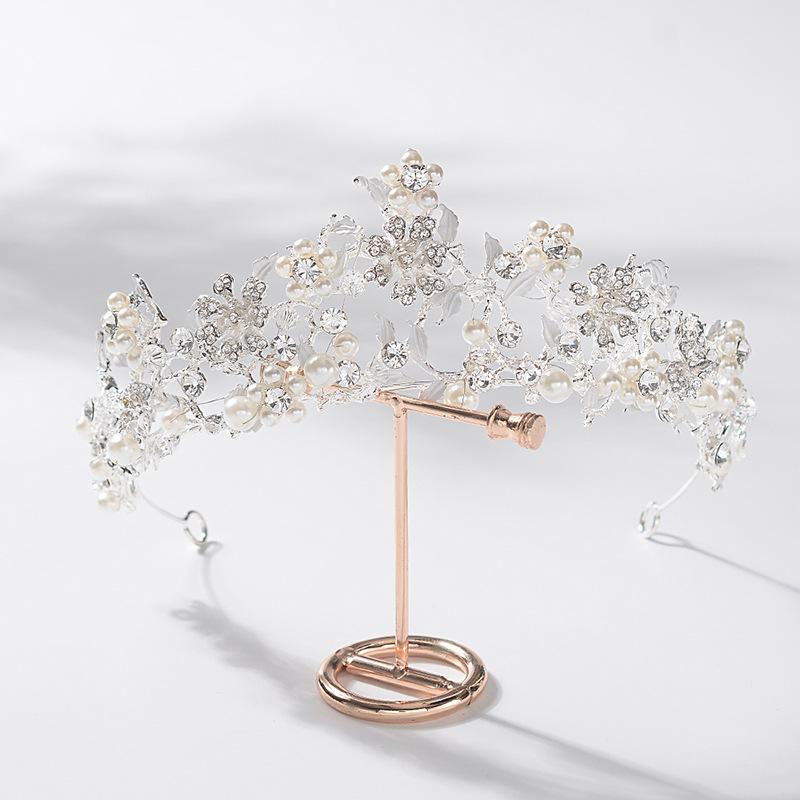 Flower Embellished Diamond Bridal Crown Handmade Beaded Pearl Tiara Wedding Dress Accessories