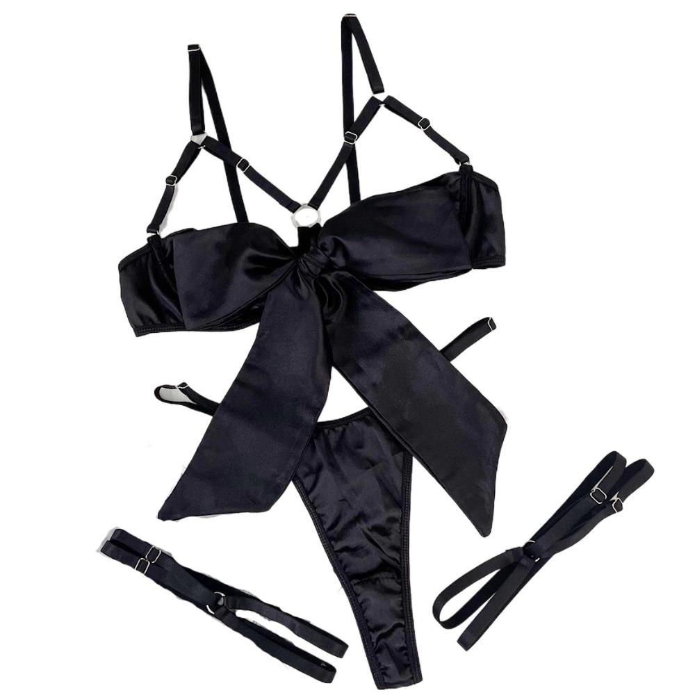 Ruffle Underwear Three Piece Set Hollow Out Women Lingerie Set Pajamas Satin Silk Bra Suit  Gifts
