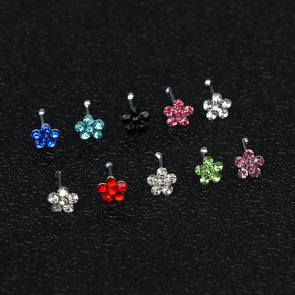 Silver 20PCS Fashion Stainless Steel Jewelry Nose Rings Gems Flower Body Piercing Nose Studs Ring