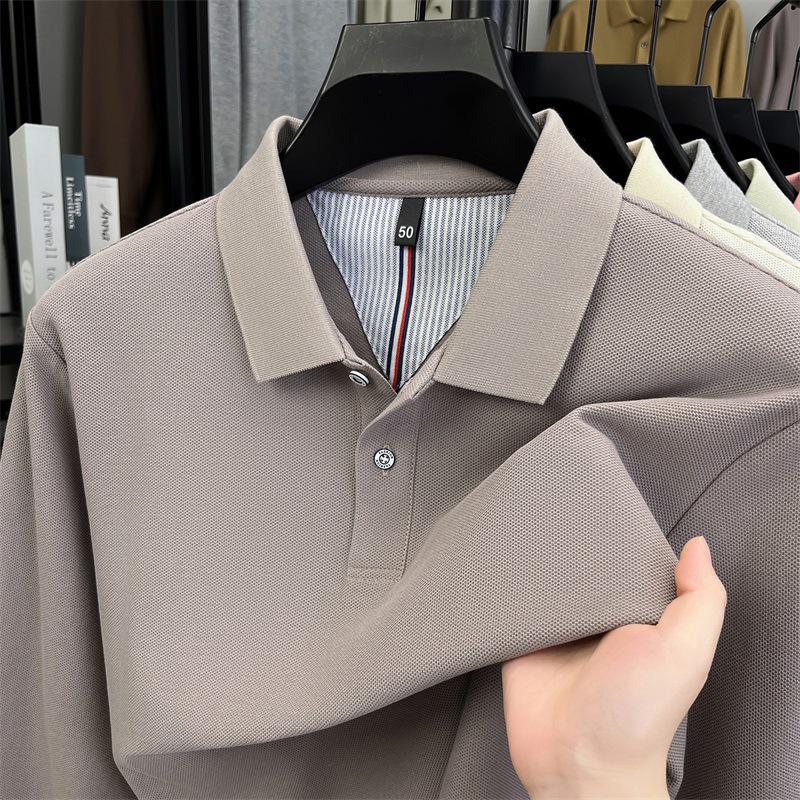 Мужская однотонная хлопковая рубашка-поло - Повседневный топ с длинным рукавом