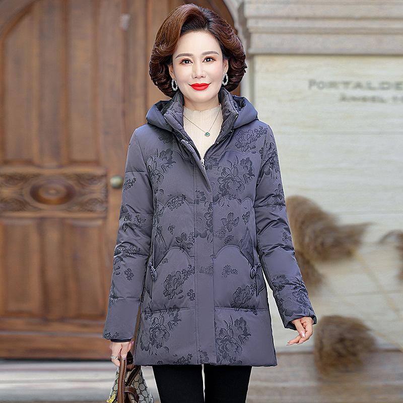 Пуховик женский средней длины зимний новый стиль с капюшоном модный тонкий большой размер женская куртка для мам