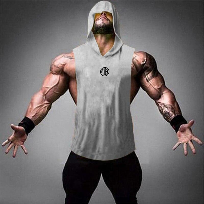 Muscleguys Летняя мужская хлопковая дышащая пот поглощающая спортивный жилет с капюшоном для фитнеса свободная футболка без рукавов