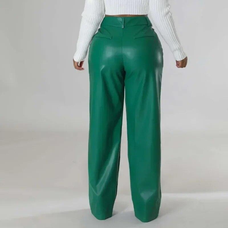 2023 Fashion Women PU Pants Autumn And Winter Casual Vinage Pocket Trousers Loose Wide Leg Leather Pants Elegant Pantalon 30033
