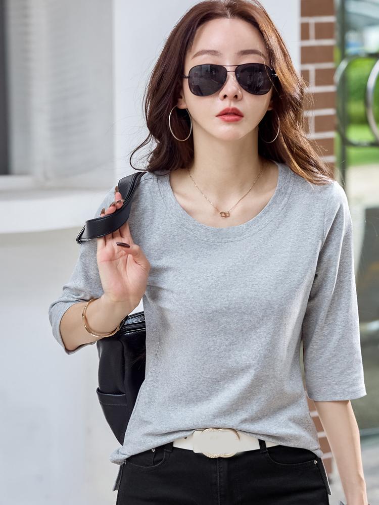 Summer T Shirt Women Cotton O-Neck Streetwear Tshirt Short Sleeve Solid Color Three Quarter Sleeve Tee Shirt Femme Sexy
