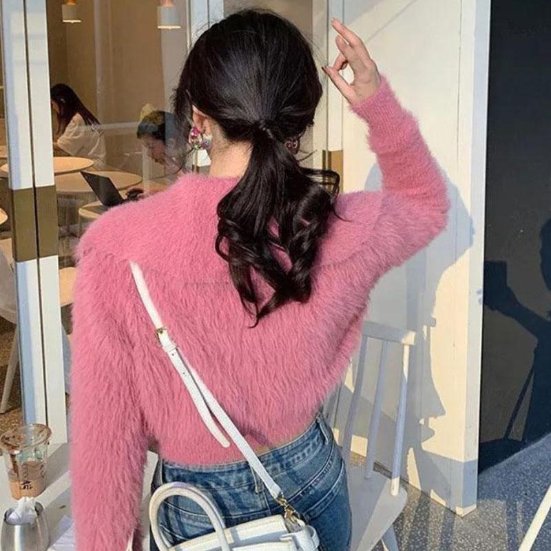 Норковый флисовый кардиган, свитер, женский короткий свитер-поло, мягкий восковой осенний однотонный вязаный кардиган с ромбовидными пуговицами, маленький ароматный свитер, пальто