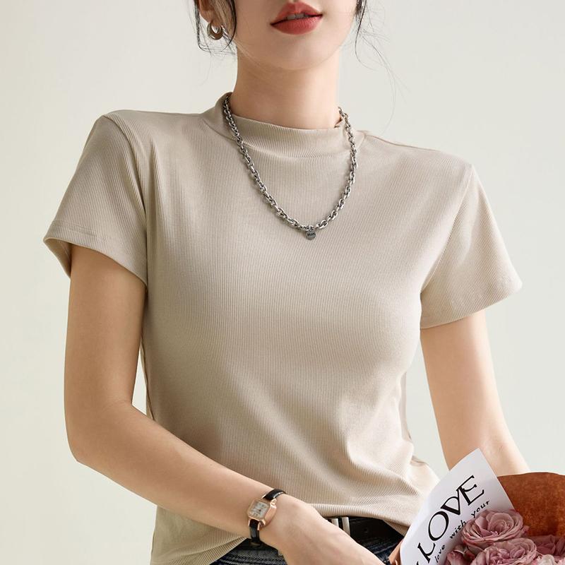 Прохладный темперамент, облегающая однотонная футболка с круглым вырезом на одно плечо и короткими рукавами для женщин, весна и лето 2024, новый высокоэластичный внутренний топ