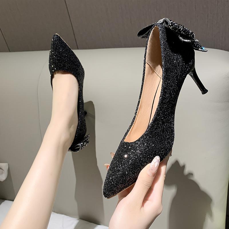 Fashion Shiny Bowknot Thin Heels Pumps Women Slip-On Bling Crystal Party Shoes Woman Sexy Pointed Toe Glitter High Heels Shoes