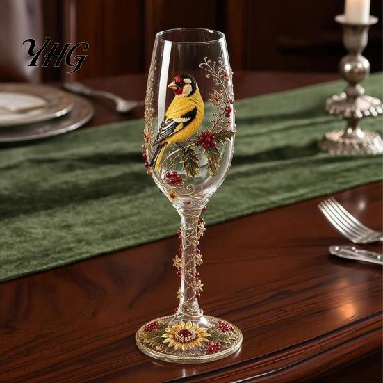 Floral Pattern Wine Glass Hand-painted Glass, Bird And Design Stem Goblet, Gift for Lovers Artistic Crystal Borosilicate Goblet Red Juice Decorative