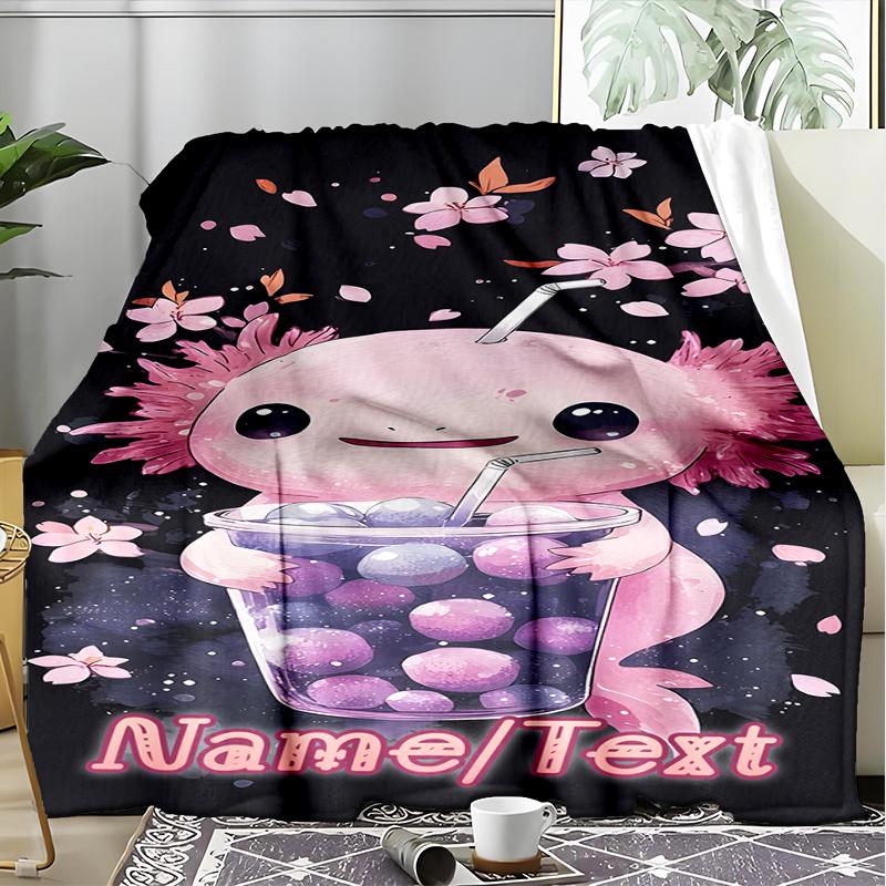 1PC Custom Name Axolotl Cherry Blossom Drink outdooor Flannel blankets Throw Blanket All-Season Throw Gift Bedspread for Couch, Bed, Camping Holiday B