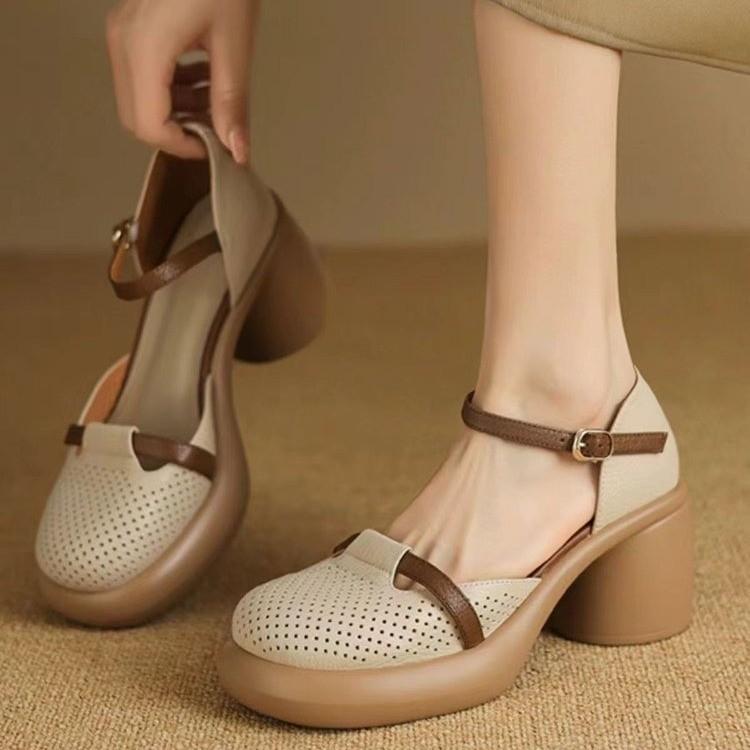 Мягкая кожа/7 см/мода 2025 года, летние винтажные босоножки Мэри Джейн с грубым каблуком и толстой подошвой One Word с мягкой подошвой для женщин