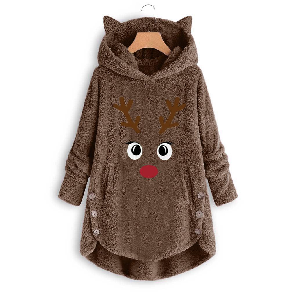 Fashion Winter Irregular Ladies Coat Christmas Embroidery Warm Button Top Plush Loose Cute Cat Ear Jacket Sweater