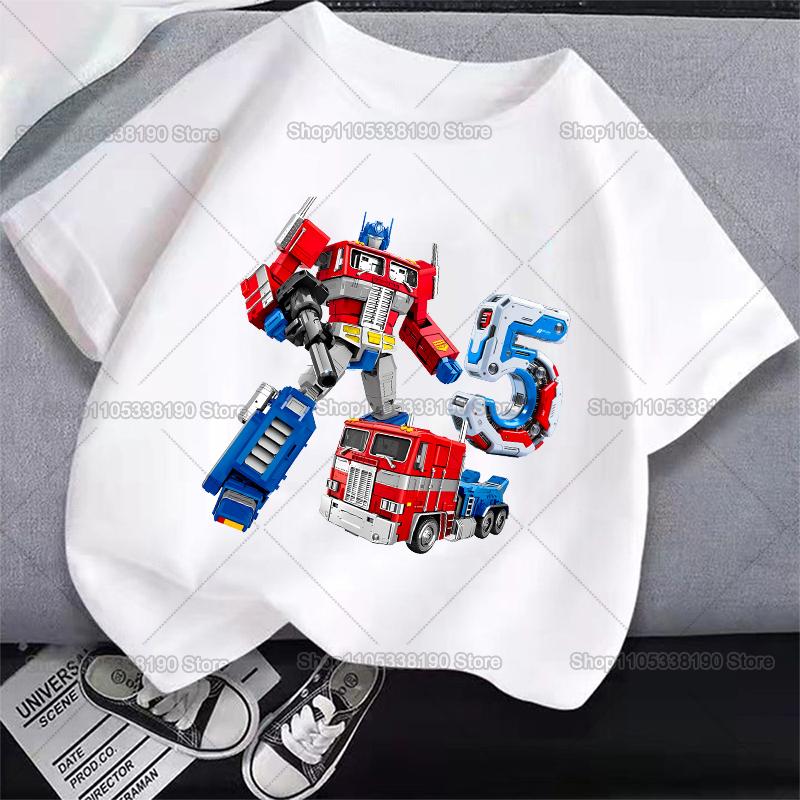 Optimus Prime Children Birthday Number T Shirt Transformers Clothes Party Cartoon Print Boys TShirt Short Sleeve Tops Tee Gift