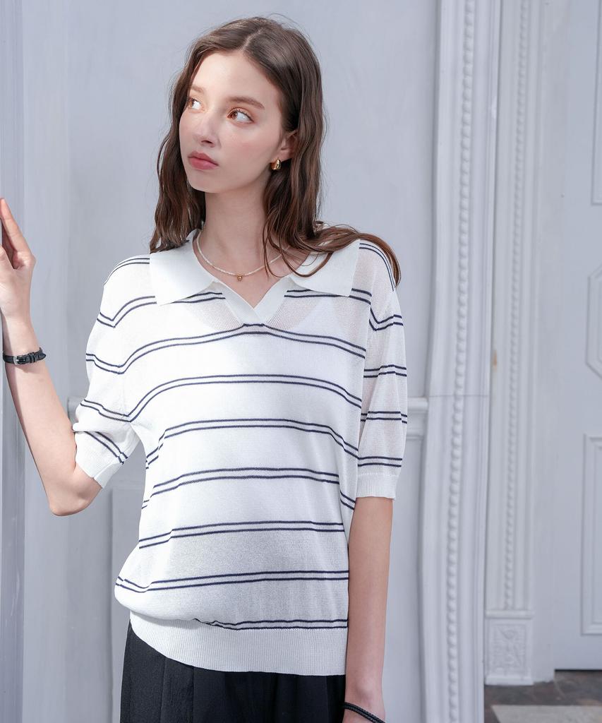 PIGMENT Semi-Open Stripe Collared Knit (Tdsw260510)