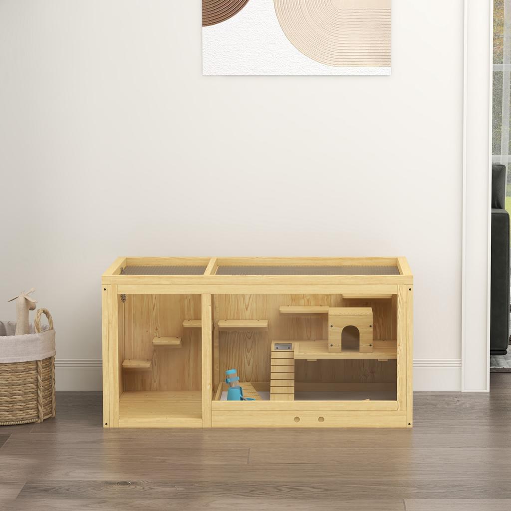 Small animal cage/gnawing cage, fir wood, including accessories and water bottle, 100 x 50 x 50 cm, natural