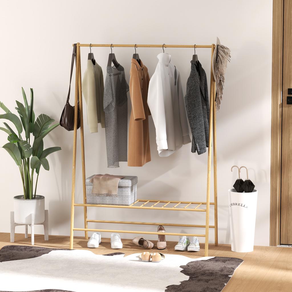 Freestanding Bamboo Clothes Rack with Shoe Shelf and Hooks, Natural Wood
