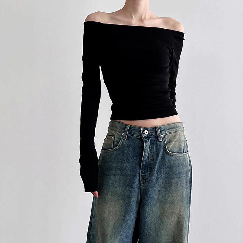 Черные однотонные элегантные топы с длинными рукавами, корейская модная тонкая сексуальная укороченная футболка, женская осенняя одежда