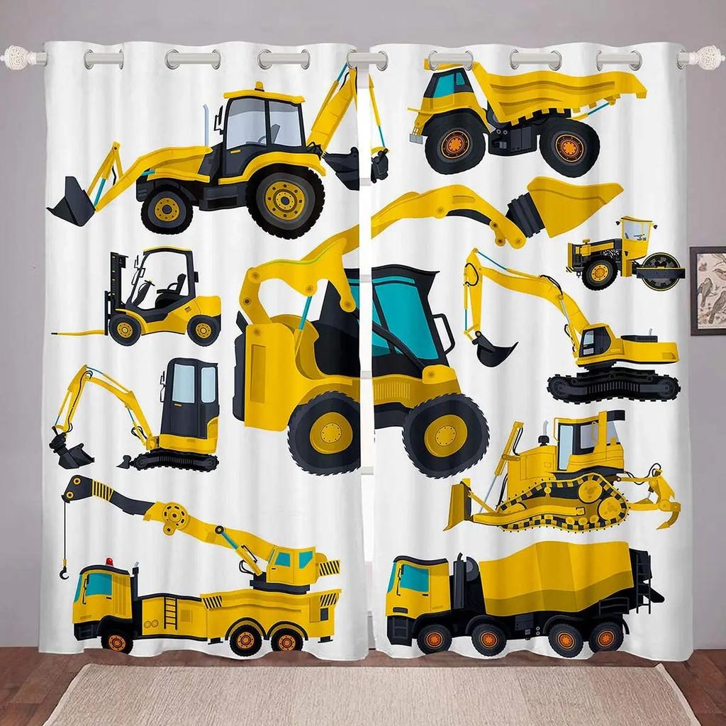 2PCS Cartoon Cars Truck Window Drapes, Excavator Tractor Trucks Grommet Curtains Boys Construction Themed Curtain for Bedroom