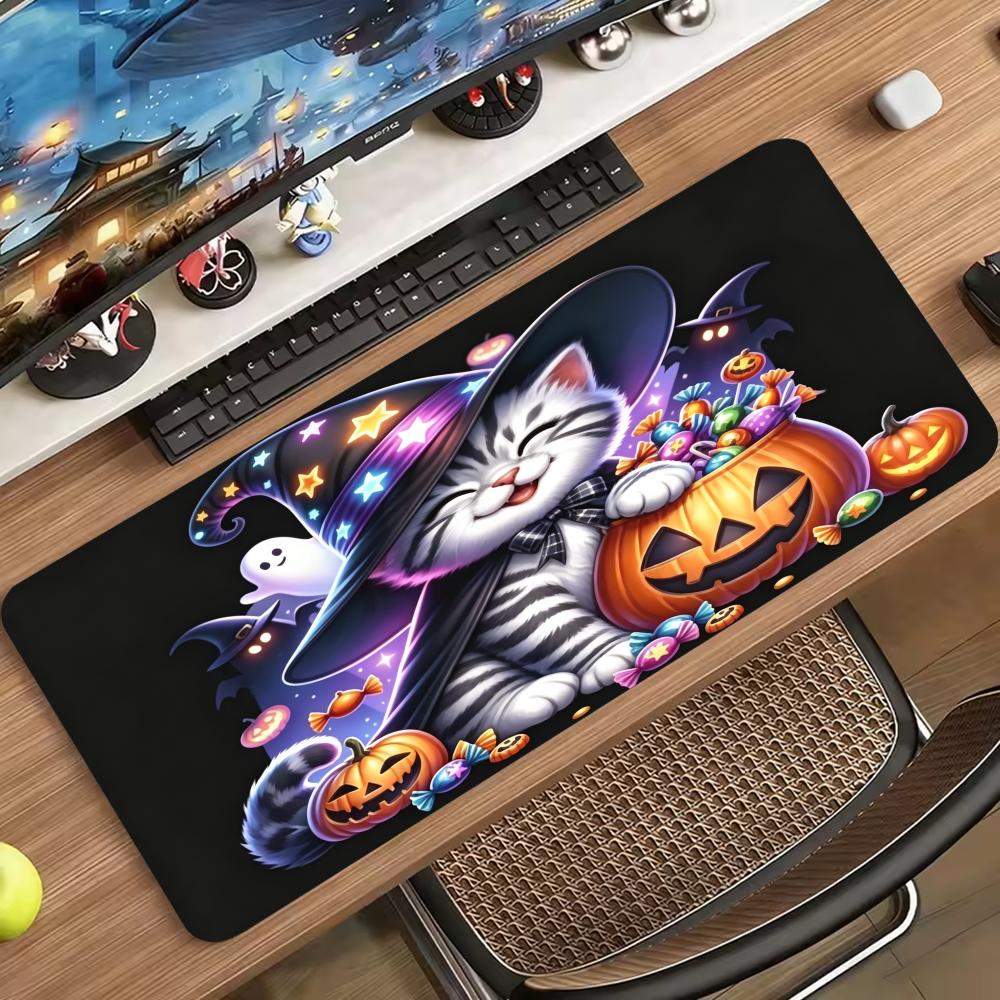 Tabby Cat Witch Hat Pumpkin Bucket Halloween Extended Gaming Pad Non Slip Rubber Base Keyboard Mat Desk Pad For Computer Gamer