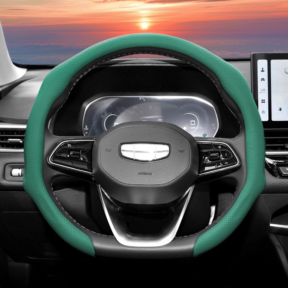 Подходит для Geely, Чехол на руль из перфорированной кожи, Нескользящий, Впитывающий пот, Дышащий, Интегрированный защитный чехол Monjaro Coolray Ex5