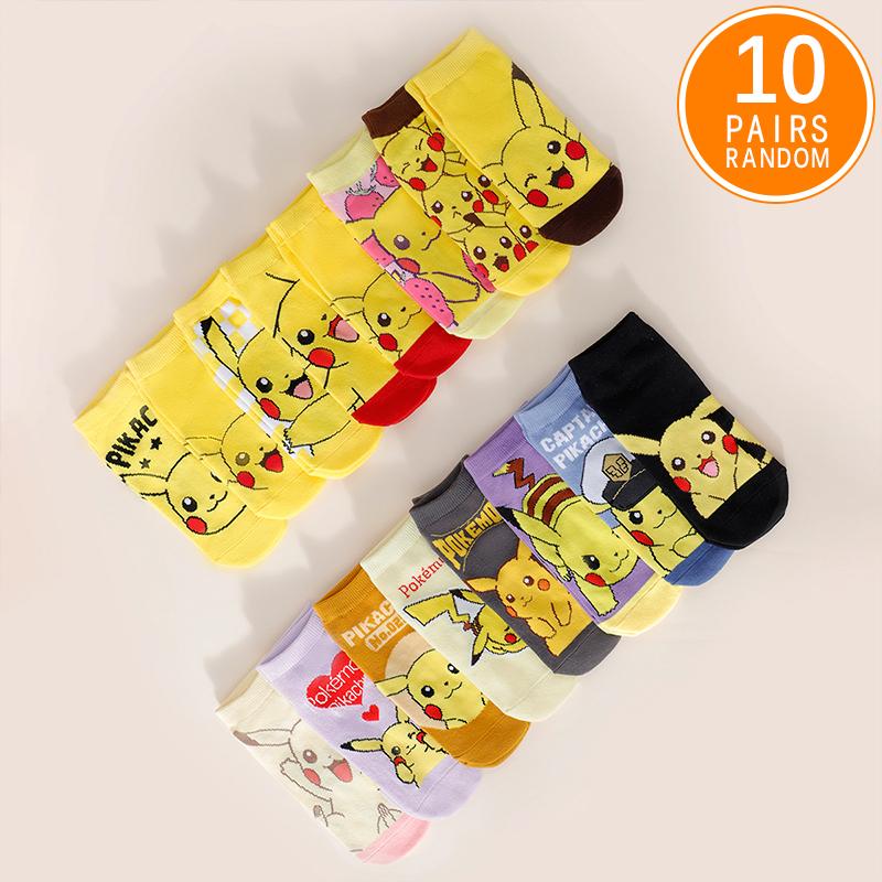 5 Pairs Four Seasons Women's Fashion Cartoon Anime Pok É Mon Versatile Sweet and Cute Pikachu Casual Breathable Straight Socks