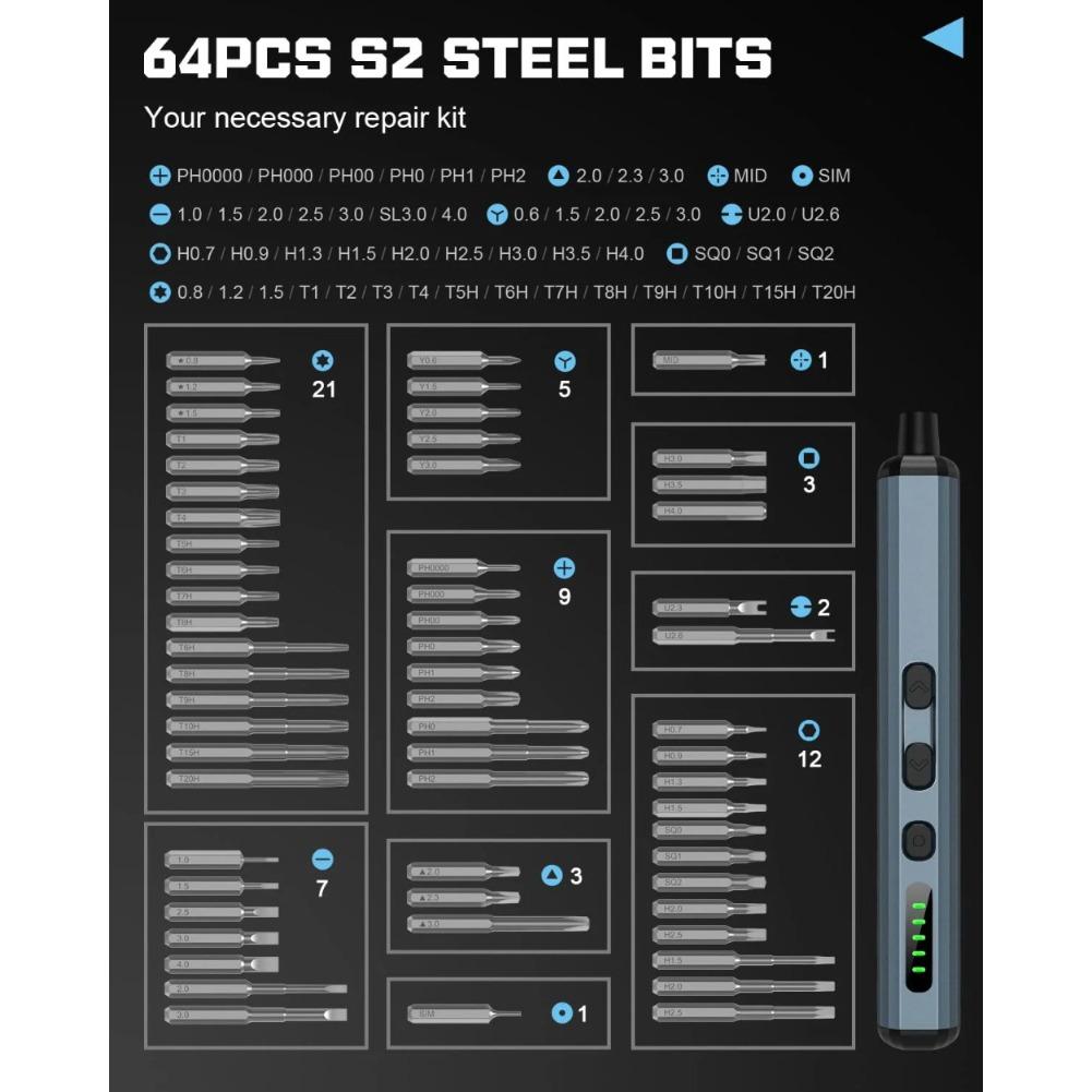 68-in-1 Precision Electric Screwdriver Set with 64 Magnetic Bits 5 Torque Adjustable Mini Power Tool for IPhone Watch Camera PC