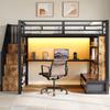 140x200 Metal Loft Bed with Desk and Shelves, Two Integrated Drawers, Staircase with Storage Space, Black