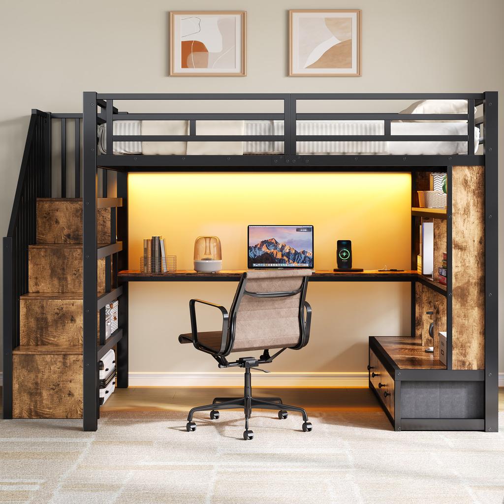 140x200 Metal Loft Bed with Desk and Shelves, Two Integrated Drawers, Staircase with Storage Space, Black